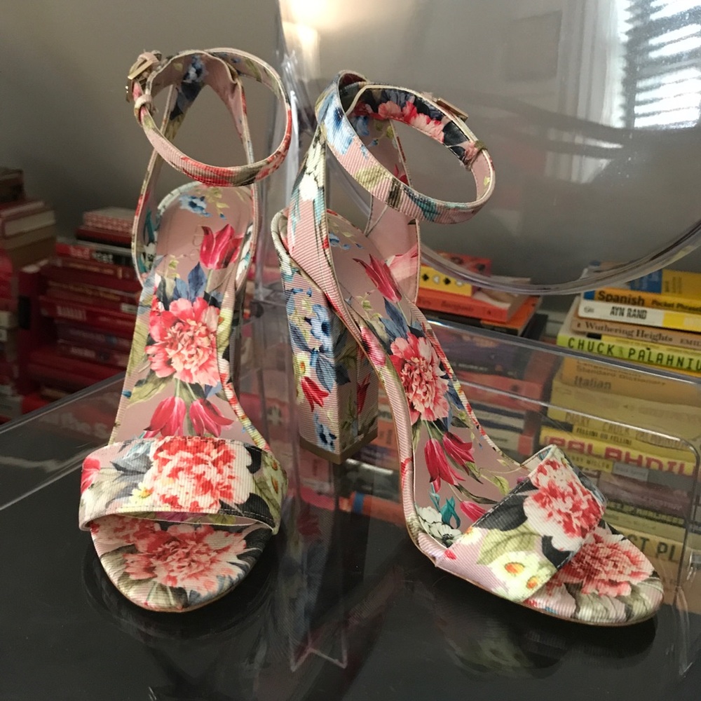 Pink floral ankle wrap Aldo heels